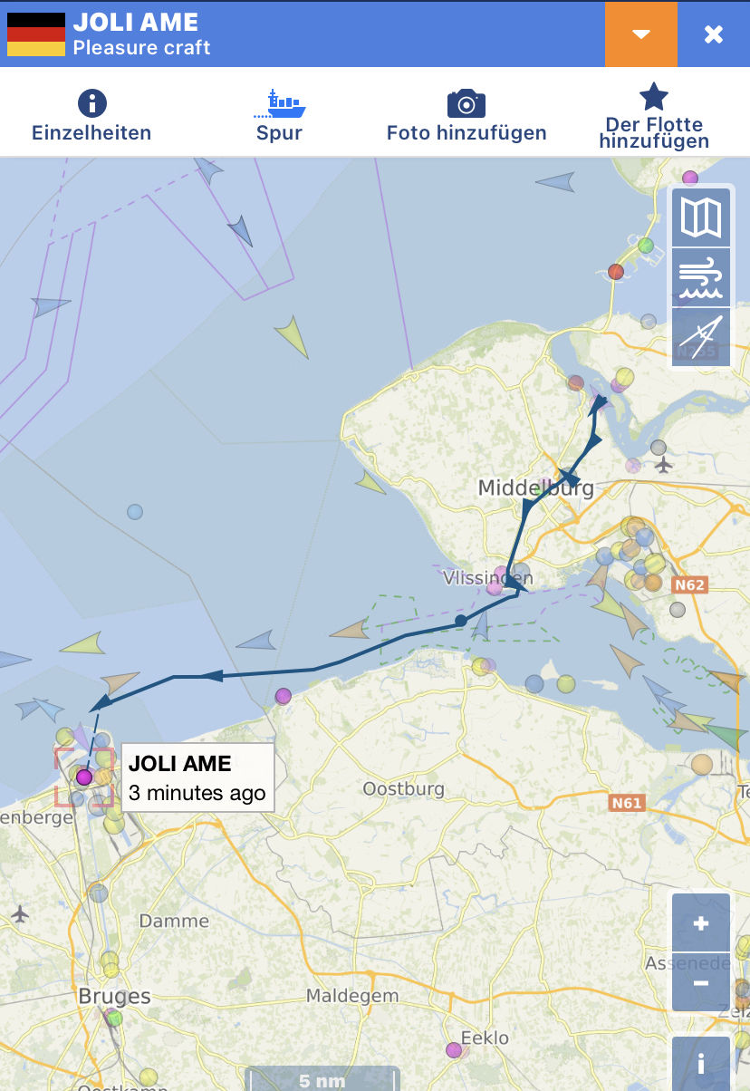 zurückgelegte Wegstrecke durch den Kanal bis Vlissingen, aus der Westerschelde bis Zeebrugge